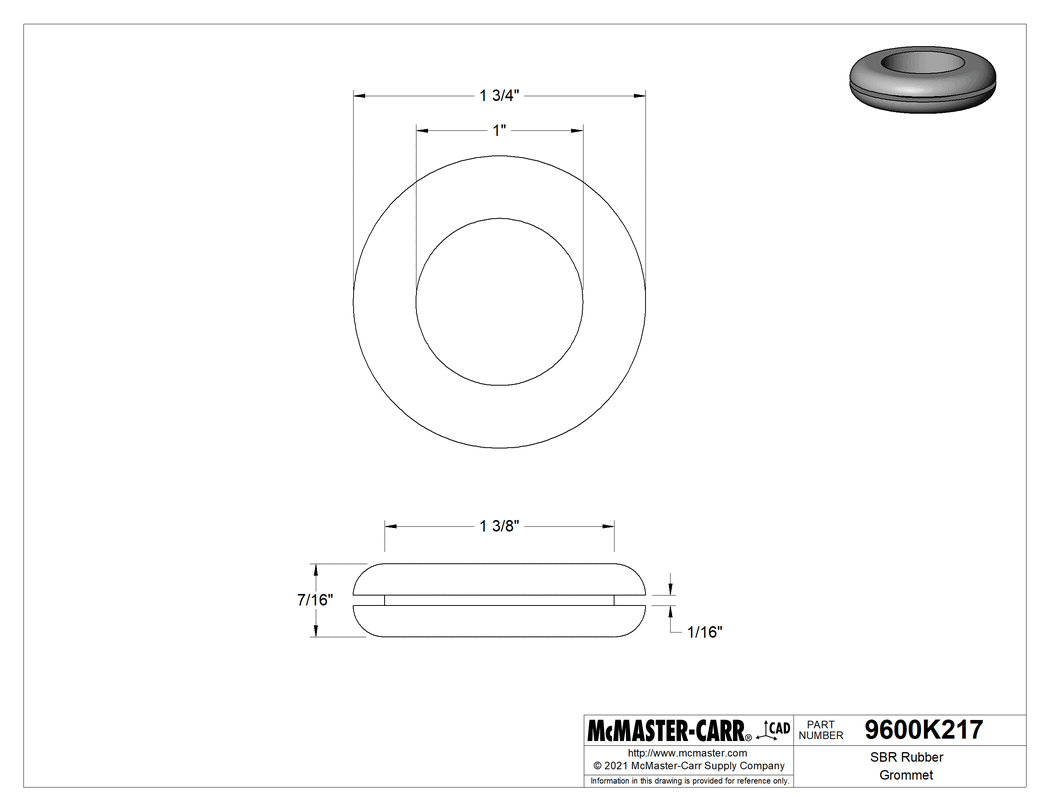 Technical Drawing of SBR Rubber Grommet, for 1-3/8" Hole Diameter and 1/16" Material Thickness .